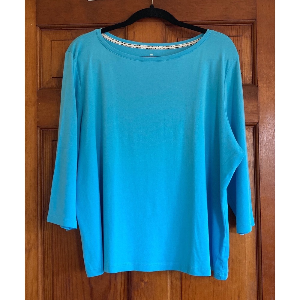 Talbots Womens 3XP Blue 100% Pima Cotton 3/4 Sleeve Boat Neck Top Natural Petite